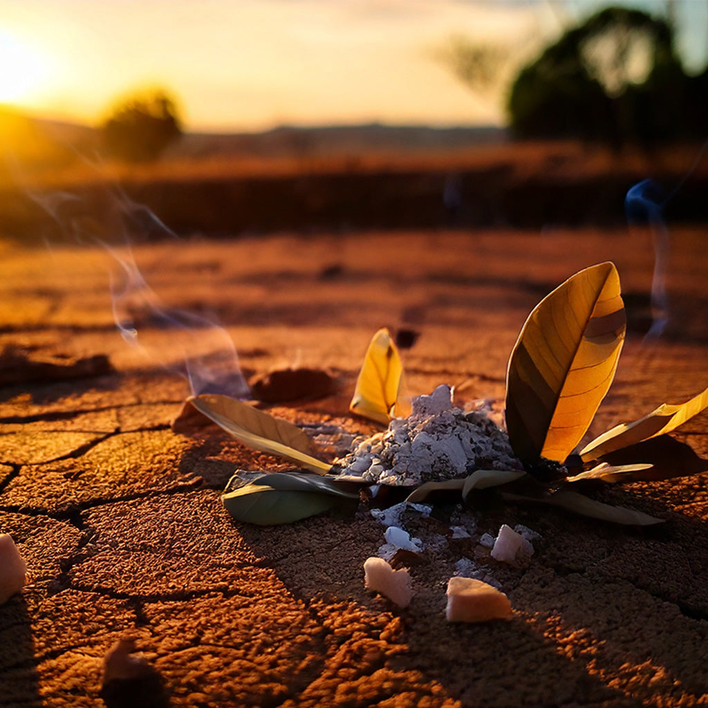 Weihrauchharz mit aufsteigendem Rauch in natürlicher Landschaft bei Sonnenuntergang – Inspiration für Luban Vital Weihrauchgel und pflanzliche Wirkstoffe
